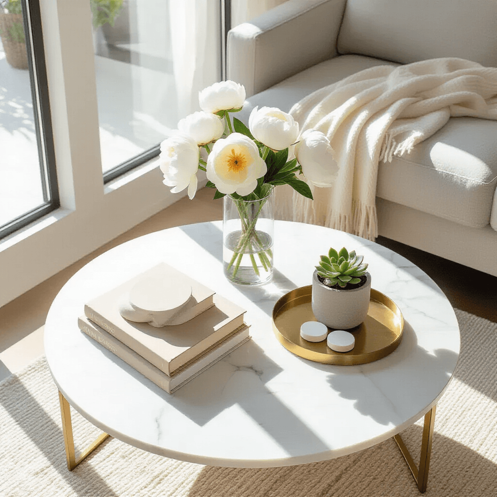 Why Marble Coffee Tables Are Living Room Game-Changers Overhead flat lay of a round white marble coffee table styled with coffee table books, a brass tray with ceramic coasters, a succulent in a concrete planter, fresh white peonies in a glass vase, and a cashmere throw, bathed in natural morning light in a modern apartment.