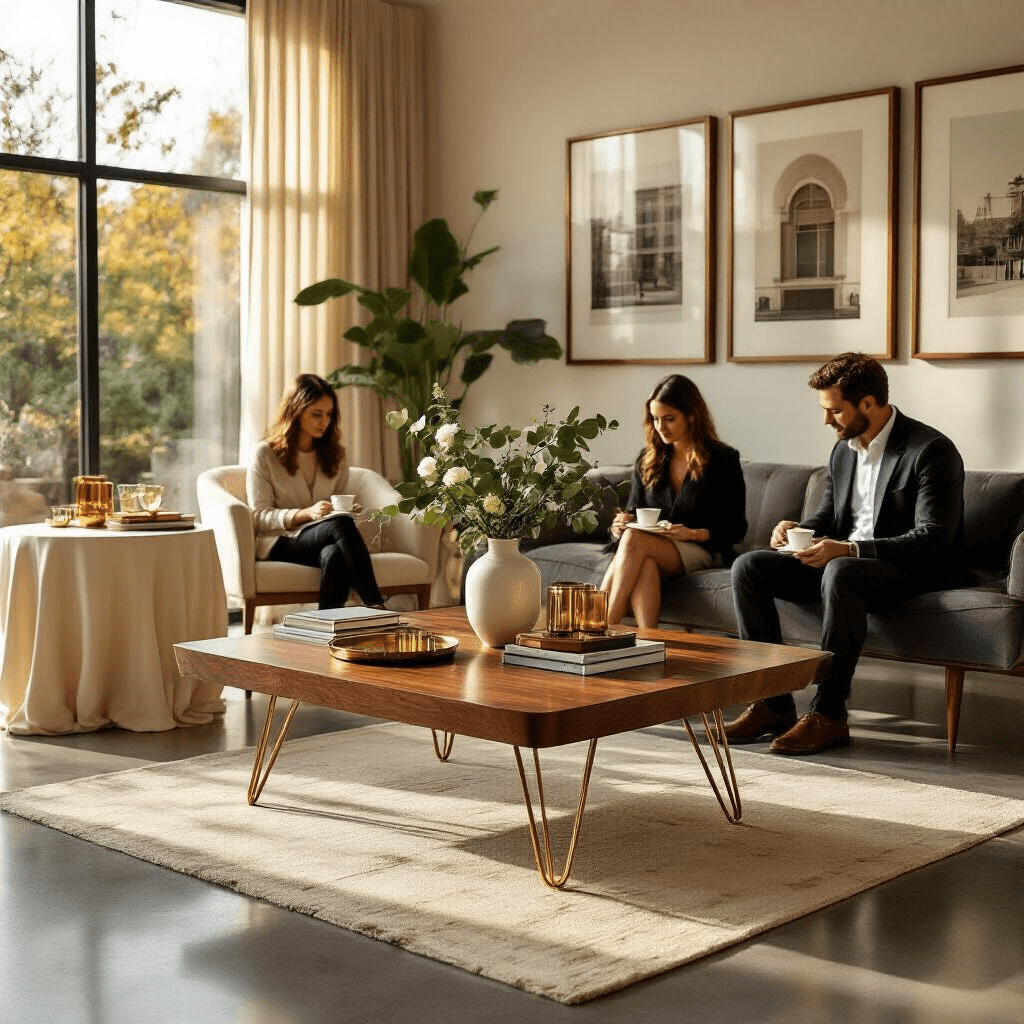Modern Coffee Table Designs That Will Transform Your Living Space Wide-angle shot of a mid-century modern living room event, showcasing a walnut coffee table with brass legs, warm sunlight streaming through large windows, elegantly set tables with silk linens, eucalyptus arrangements, and attendees in stylish attire enjoying espresso, all under warm brass pendant lights.