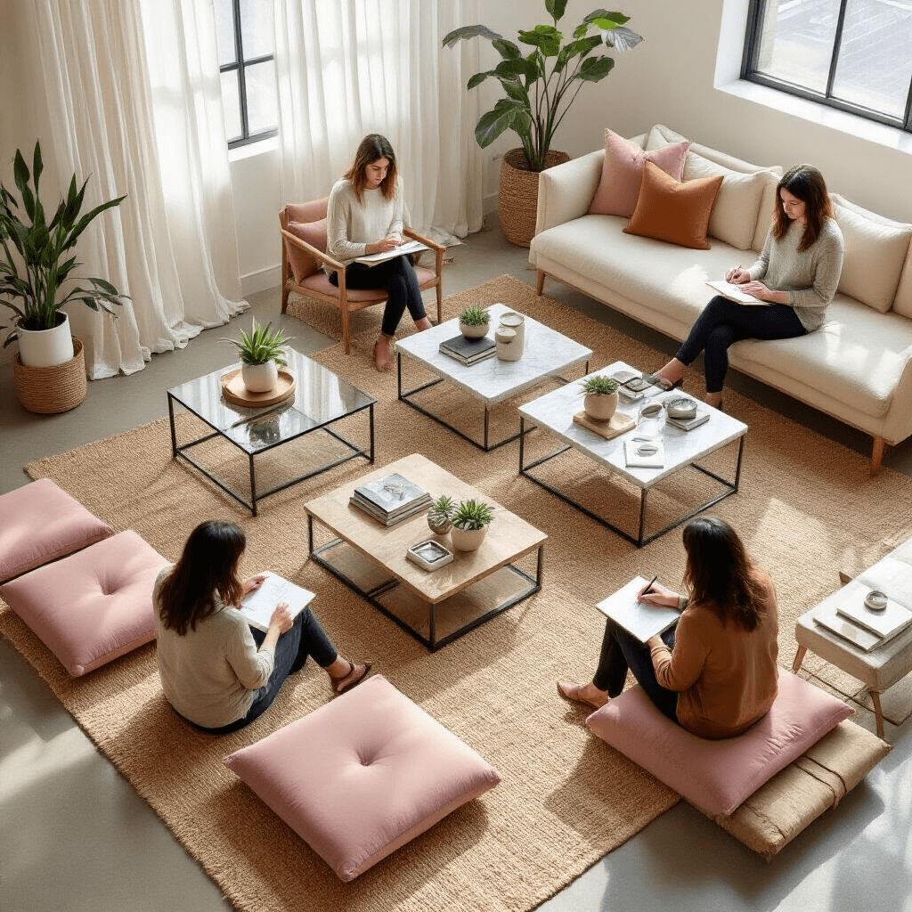 Modern Coffee Table Designs That Will Transform Your Living Space Overhead view of a sunlit design workshop in a modern loft, featuring multiple coffee tables styled with succulents, coffee table books, and brass objects, as participants on blush pink cushions take notes around low tables, surrounded by soft neutral decor.