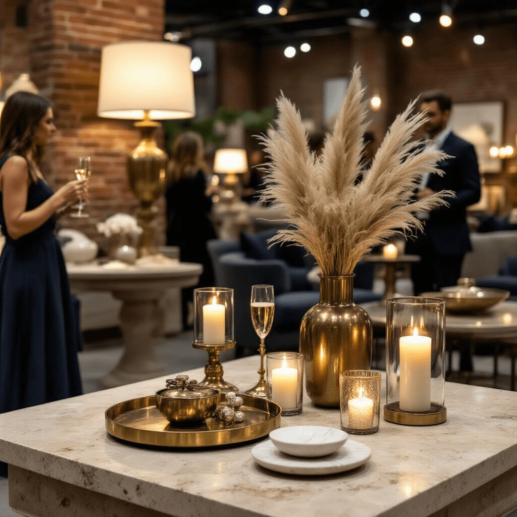 Modern Coffee Table Designs That Will Transform Your Living Space A close-up detail shot of a luxurious travertine coffee table in an upscale furniture showroom during a candlelit event, featuring elegant decor such as brass lamps, pillar candles, and string lights, with guests in evening attire enjoying the sophisticated ambiance.