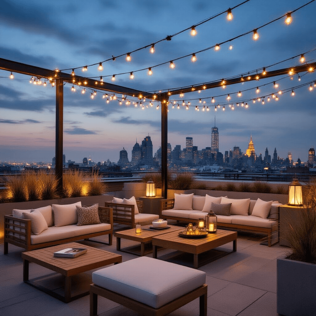 Modern Coffee Table Designs That Will Transform Your Living Space Cinematic wide shot of a stylish rooftop terrace furniture launch event at night, featuring modern outdoor coffee tables and low lounge seating surrounded by string lights, lanterns, and potted plants, with a city skyline backdrop and guests in sophisticated casual wear.