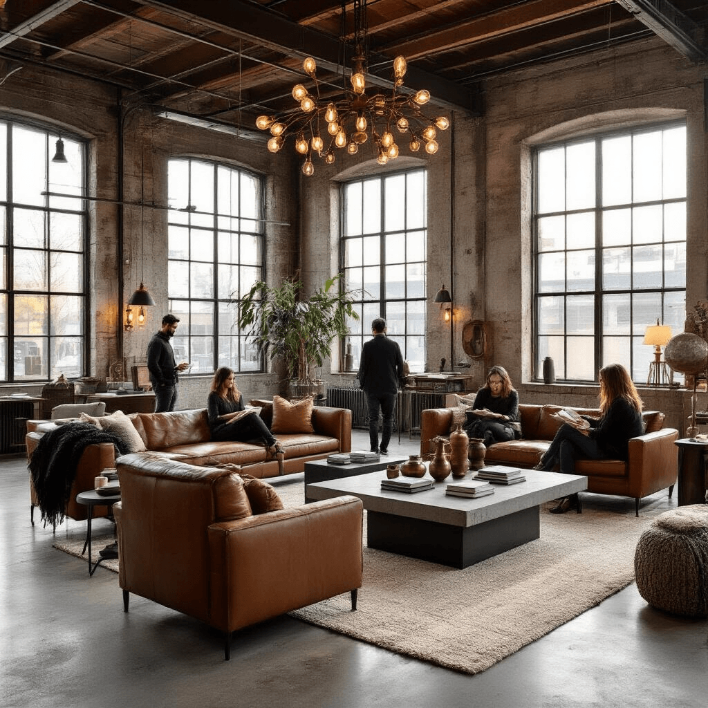 Modern Coffee Table Designs That Will Transform Your Living Space Moody cinematic shot of a design studio open house in a converted warehouse, featuring industrial furniture, warm lighting, and attendees enjoying coffee amidst an elegant atmosphere.
