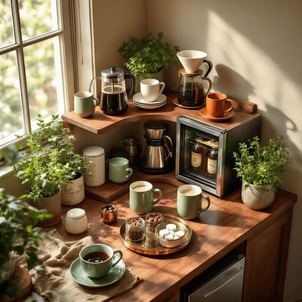 Transform Your Kitchen Corner Into a Coffee Lover's Paradise Photorealistic flat lay of a stylish coffee station featuring a two-tiered walnut wood setup with brass hardware, showcasing coffee equipment, artisanal mugs, a stainless steel beverage refrigerator, fresh herbs, sugar cubes, and soft fairy lights, all illuminated by golden hour lighting in an intimate dining nook.