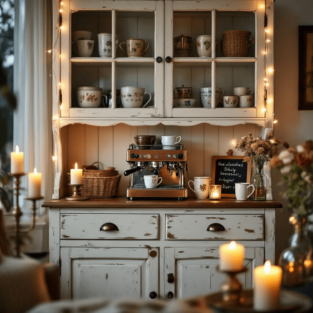 Transform Your Kitchen Corner Into a Coffee Lover's Paradise Photorealistic close-up of a vintage hutch coffee station in a cozy living room, featuring distressed white paint, eclectic coffee mugs, a copper espresso machine, and candlelit ambiance.