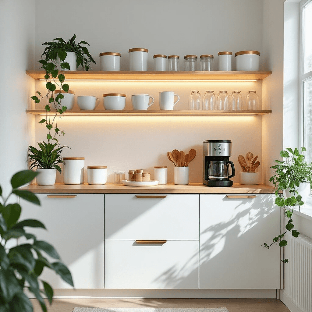 Transform Your Kitchen Corner Into a Coffee Lover's Paradise Photorealistic image of a modern IKEA hack coffee station in an apartment corner, featuring a white wall cabinet with a butcher block countertop, illuminated by LED lights, geometric ceramic containers, a stainless steel coffee maker, clear glass mugs on floating shelves, a lazy Susan with coffee accessories, and a pothos plant, embodying a luxe minimalist aesthetic.