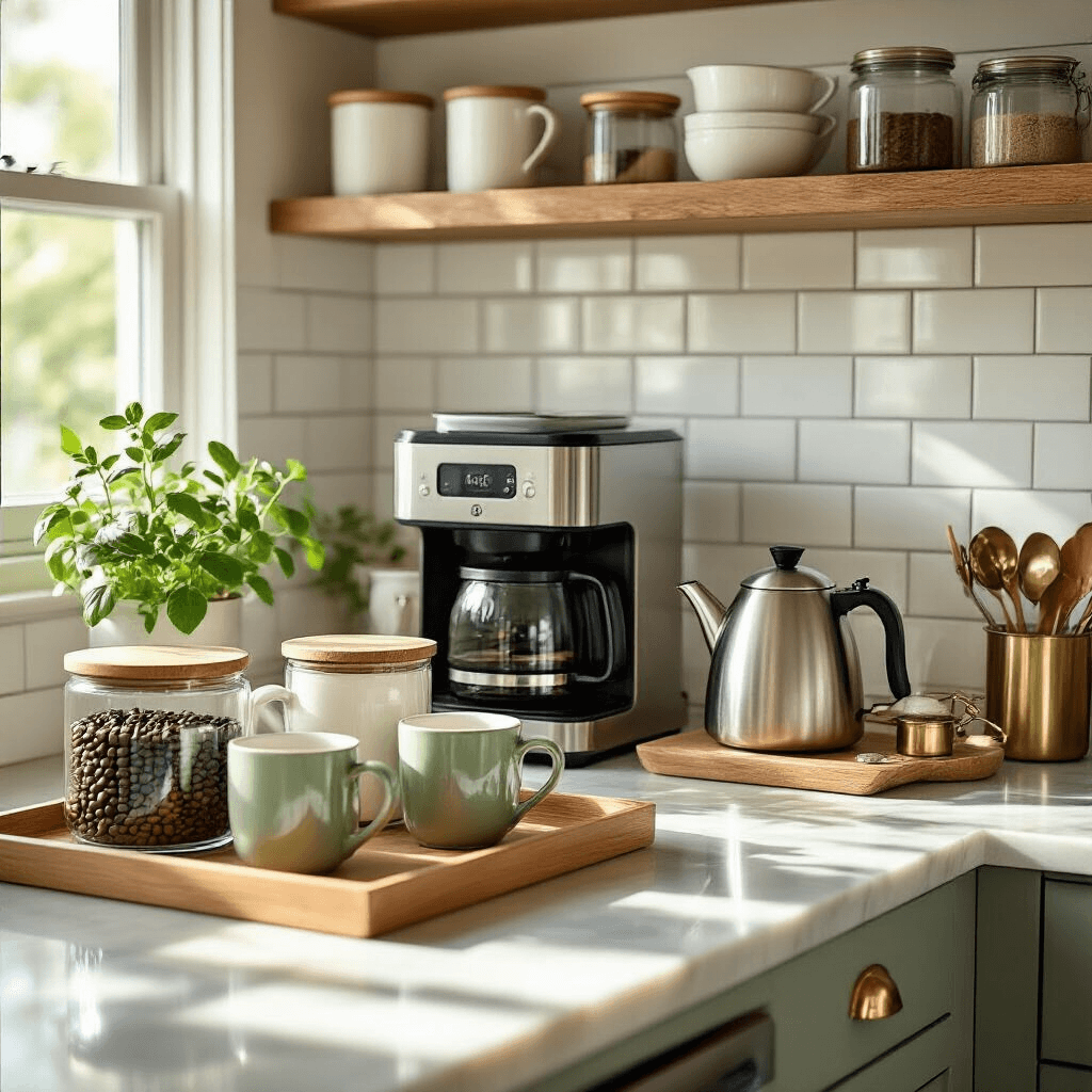 Transform Your Morning Routine: Creating the Perfect Tea and Coffee Station That Actually Works Elegant kitchen coffee and tea station featuring stainless steel appliances, glass canisters, ceramic mugs on floating shelves, and a marble countertop, all illuminated by soft morning light for a cozy ambiance.