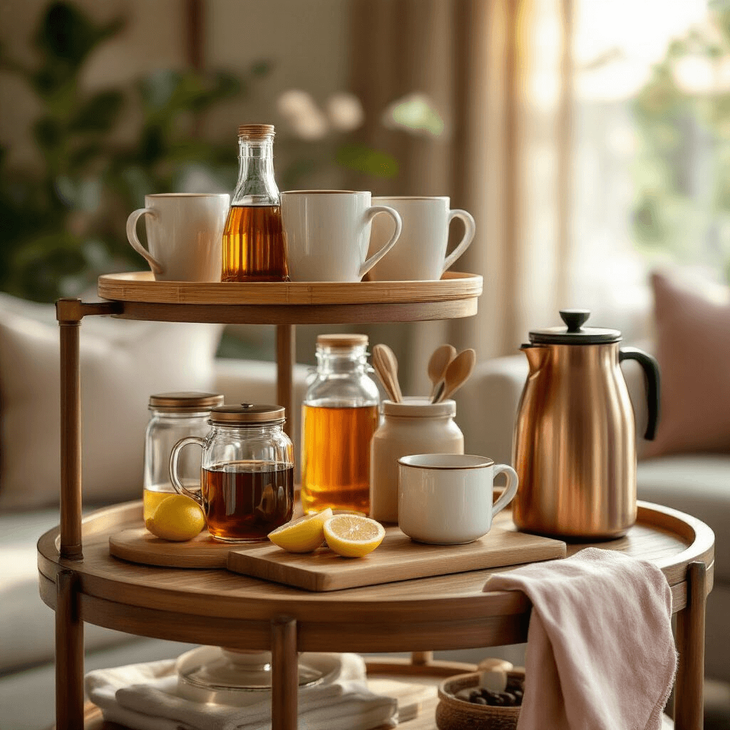 Transform Your Morning Routine: Creating the Perfect Tea and Coffee Station That Actually Works Close-up of a styled rolling bar cart tea and coffee station featuring bamboo stands with artisanal mugs, flavored syrup bottles, mason jars, and a thermal carafe, all bathed in golden hour light, showcasing an inviting and sophisticated atmosphere.