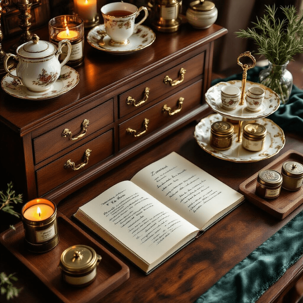 Transform Your Morning Routine: Creating the Perfect Tea and Coffee Station That Actually Works Cozy dining room sideboard coffee station with vintage teacups, seasonal tea blends, fresh rosemary, and candlelight ambiance on a rich walnut wood surface.