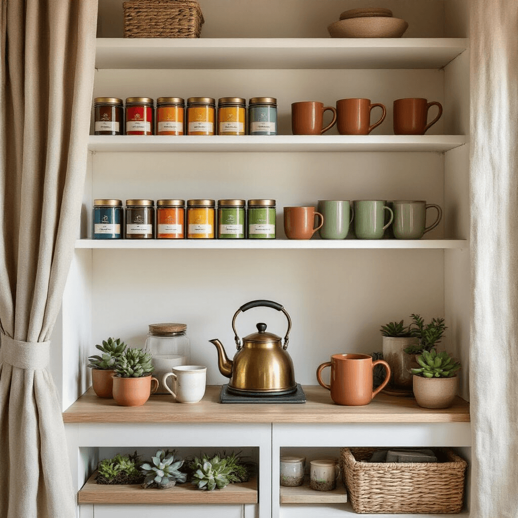 Transform Your Morning Routine: Creating the Perfect Tea and Coffee Station That Actually Works Cinematic wide shot of a cozy coffee and tea nook in a converted pantry alcove, featuring built-in white shelving with colorful tea tins and coffee containers, a vintage brass electric kettle, earthy ceramic mugs, and a small succulent garden, all illuminated by soft morning light through frosted glass.
