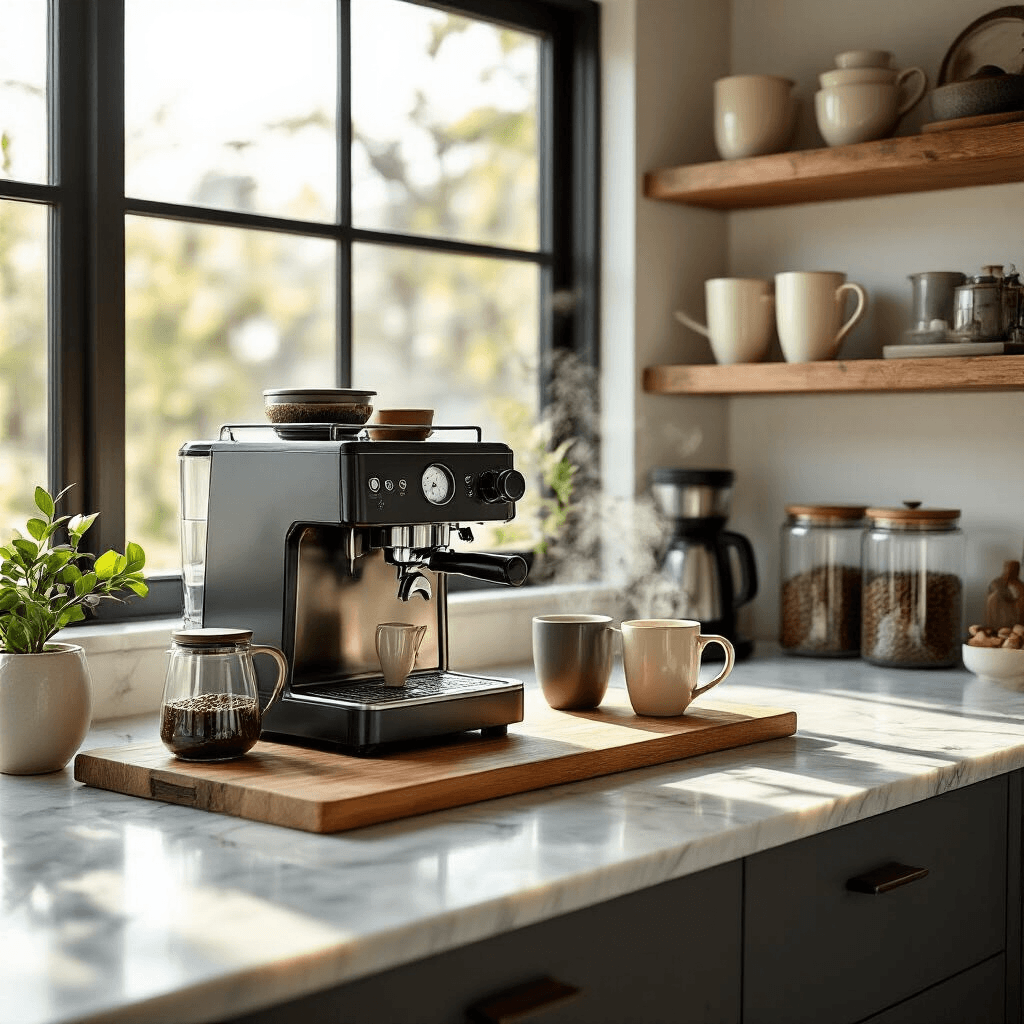 Creating the Perfect Home Coffee Bar: Your Daily Dose of Café Magic Without Leaving the House Photorealistic wide-angle shot of a modern kitchen showcasing a sophisticated home coffee bar on a marble countertop, featuring an espresso machine, burr grinder, and kettle under soft morning sunlight, with ceramic mugs on walnut shelves, glass canisters for coffee storage, a potted plant, and coffee-themed artwork in a warm color palette.