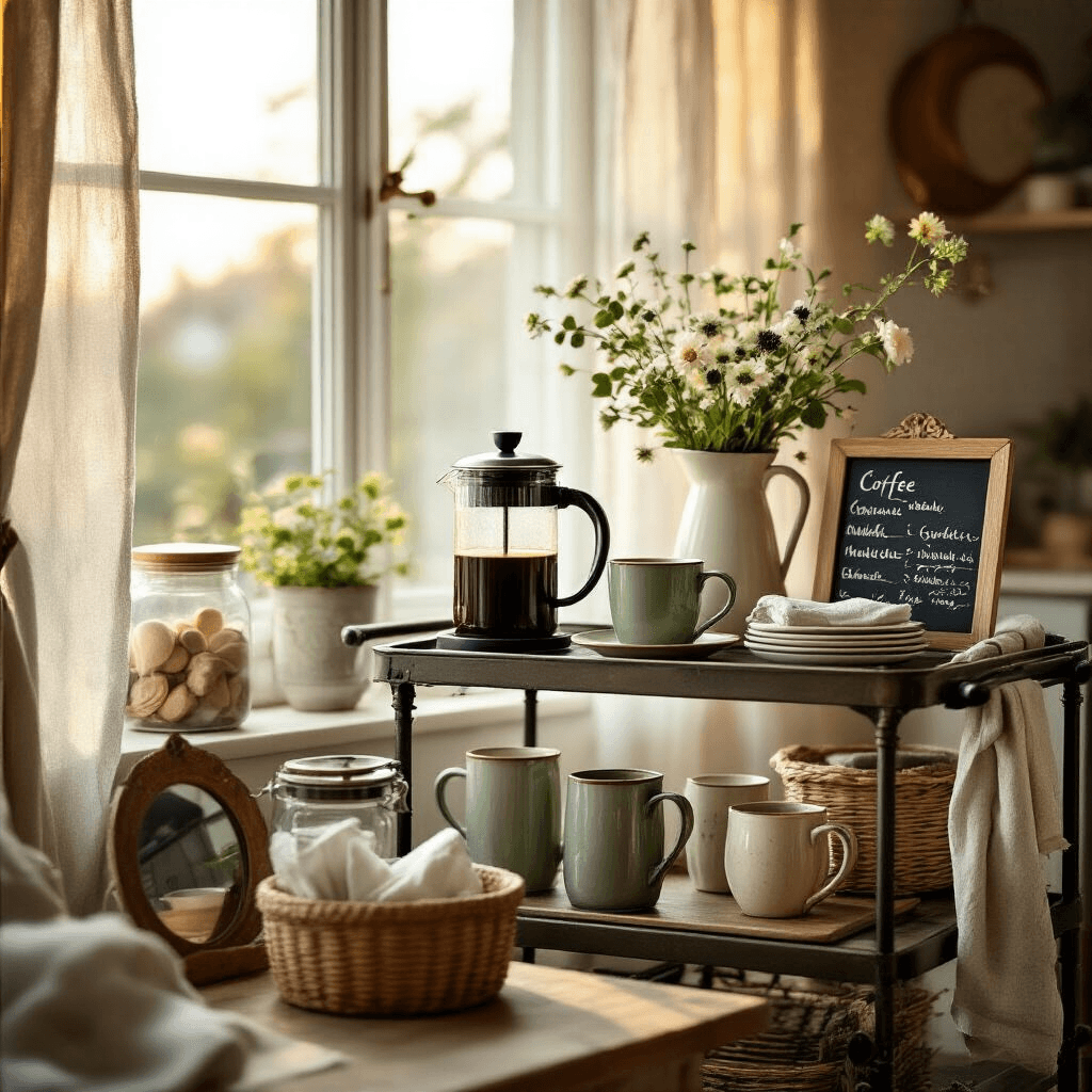 Creating the Perfect Home Coffee Bar: Your Daily Dose of Café Magic Without Leaving the House Cinematic close-up of a cozy apartment coffee station on a vintage bar cart, featuring a French press, manual grinder, and artisanal mugs. Soft natural light filters through sheer curtains, illuminating storage jars, a chalkboard menu, and fresh flowers in a ceramic pitcher against a backdrop of sage green, cream, and brass accents.
