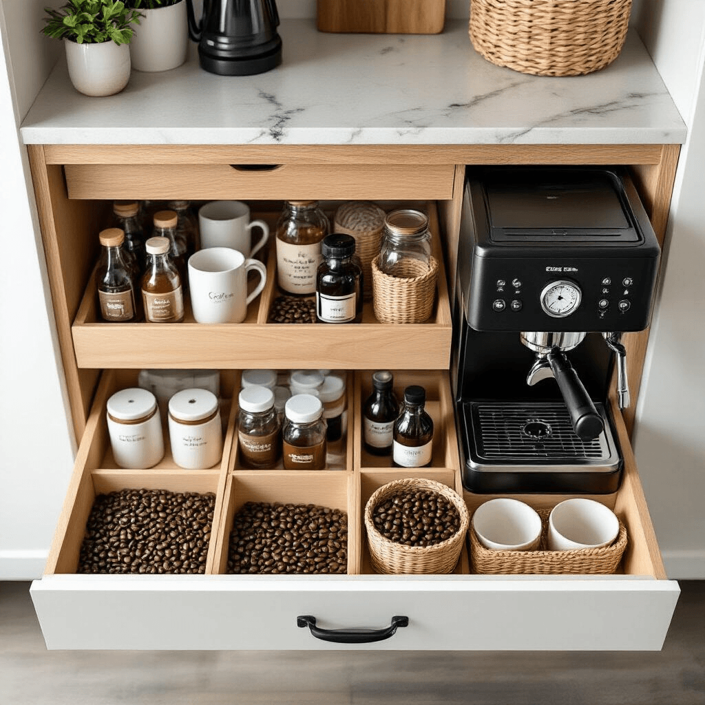 Creating the Perfect Home Coffee Bar: Your Daily Dose of Café Magic Without Leaving the House Overhead flat lay of a stylishly organized coffee bar cabinet with pull-out drawers of natural wood, featuring coffee supplies, specialty syrups in glass bottles, and ceramic storage containers, complemented by a built-in espresso machine and aesthetic black and white decor.