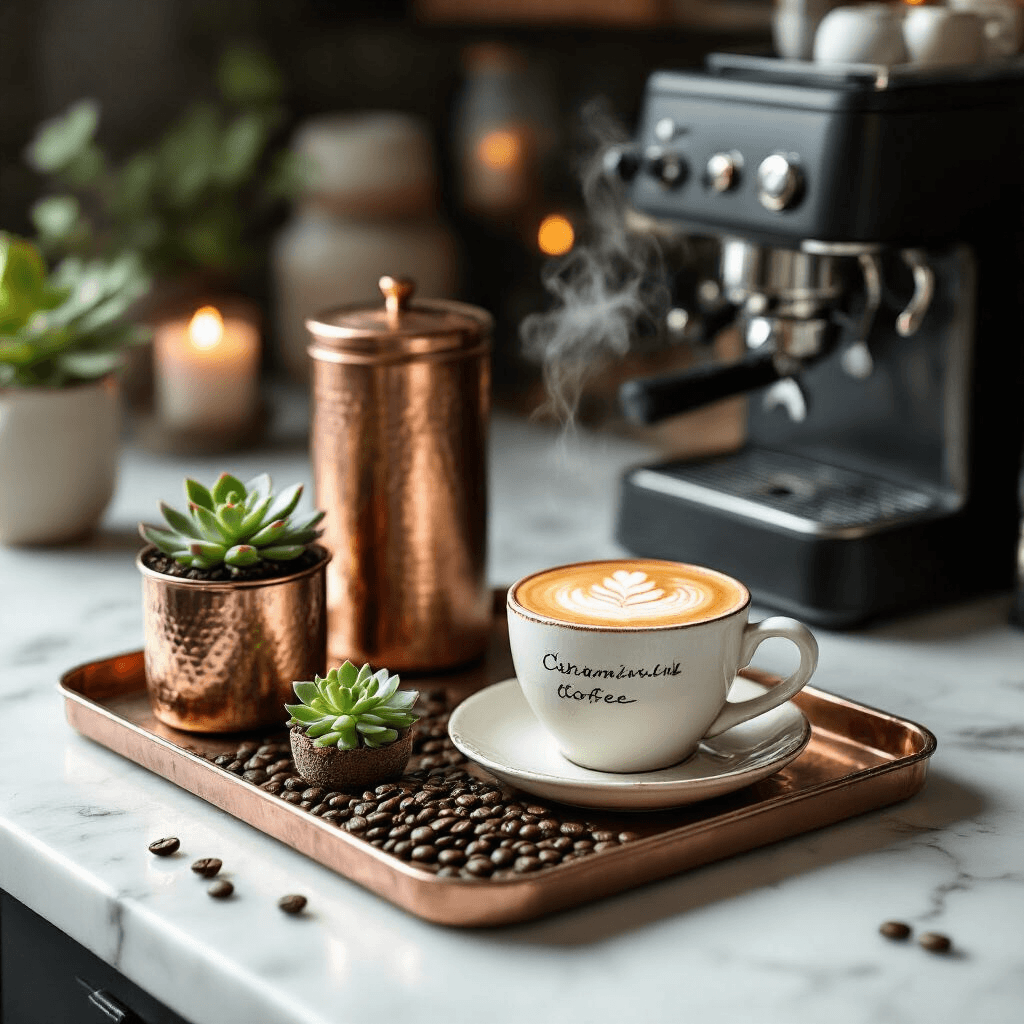 Creating the Perfect Home Coffee Bar: Your Daily Dose of Café Magic Without Leaving the House A stylish coffee bar on white marble countertops featuring hammered copper canisters, matte black appliances, and bone china cups, illuminated by moody lighting. A small succulent and scattered coffee beans add decor, while steam rises from a latte with intricate foam art, and a handwritten quote card complements the scene.