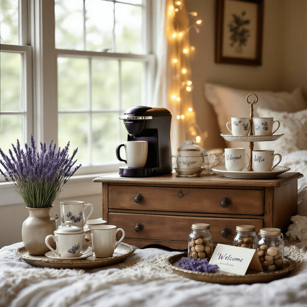 Creating the Perfect Home Coffee Bar: Your Daily Dose of Café Magic Without Leaving the House Whimsical guest bedroom coffee station with a vintage wooden dresser, featuring a single-serve coffee maker, tiered mug display, and welcome amenities, illuminated by fairy lights and soft morning light, styled with lavender, cream, and antique brass accents.