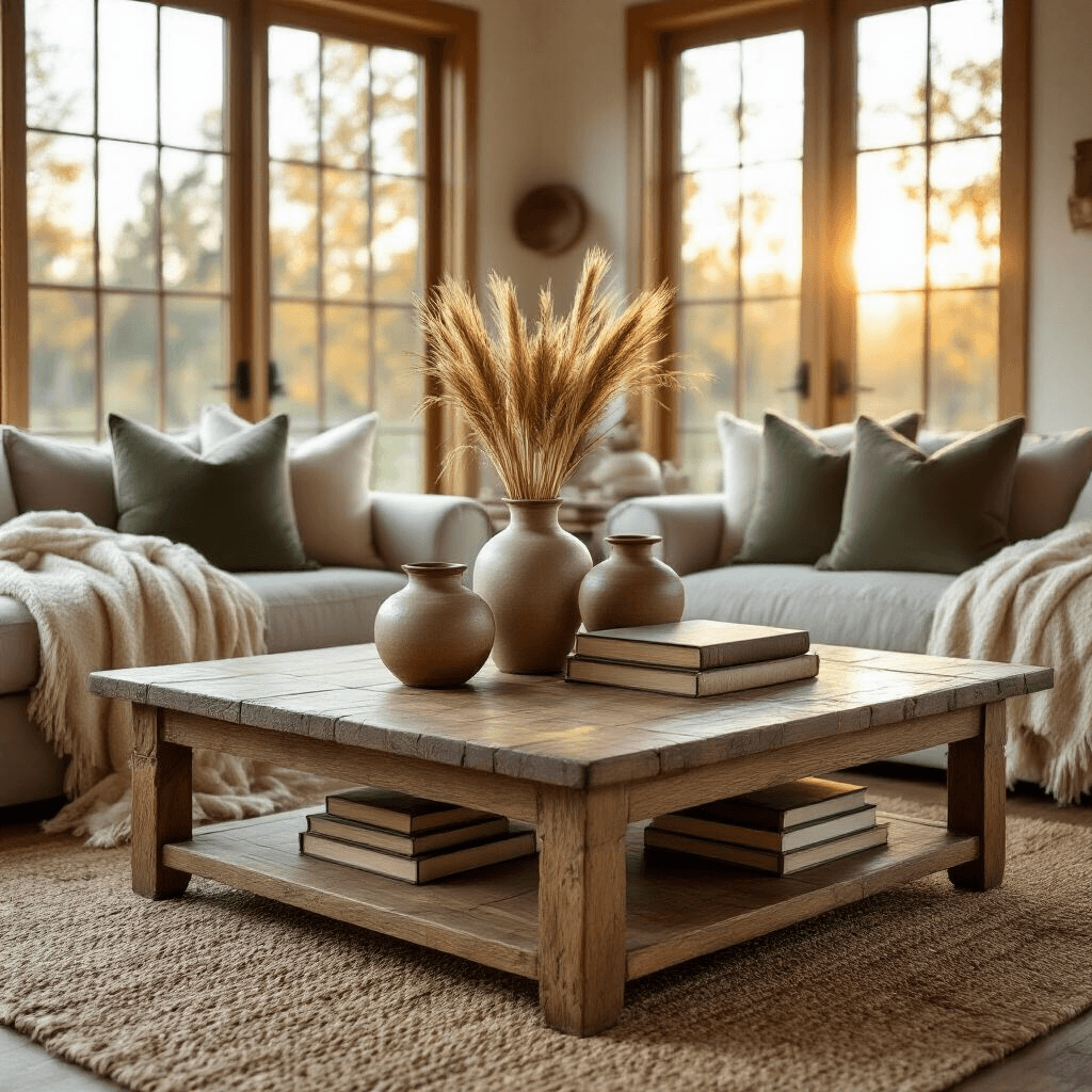 Why Your Rustic Coffee Table Choice Could Make or Break Your Living Room Cozy living room interior with an elegant hardwood oak coffee table, featuring a chunky knit throw, ceramic vessels with wheat stalks, vintage books, and sage green cushions, bathed in warm golden hour light.