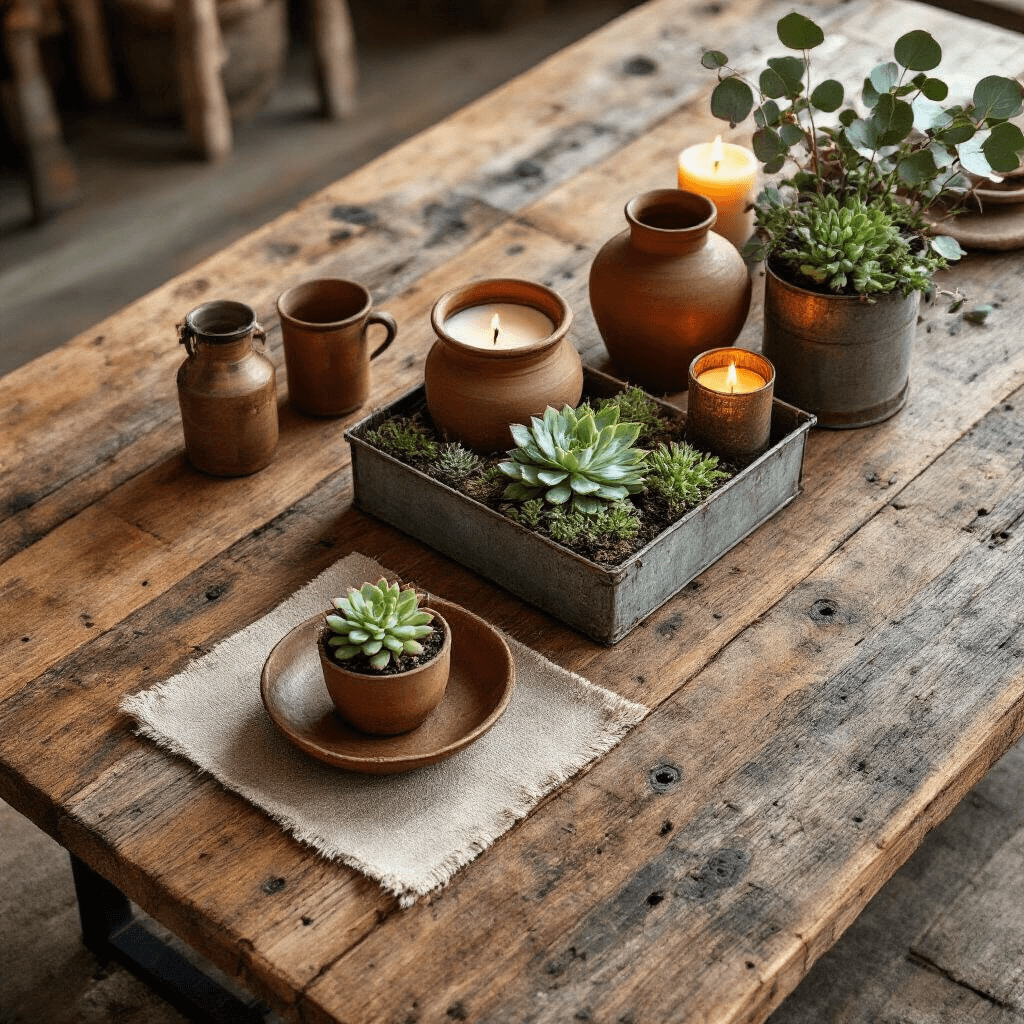 Why Your Rustic Coffee Table Choice Could Make or Break Your Living Room Overhead flat lay shot of a reclaimed wood coffee table with industrial wrought iron legs, showcasing intricate weathered textures, handcrafted ceramics, a succulent garden, artisanal candles, copper-toned serving pieces, and dried eucalyptus branches in soft morning light.