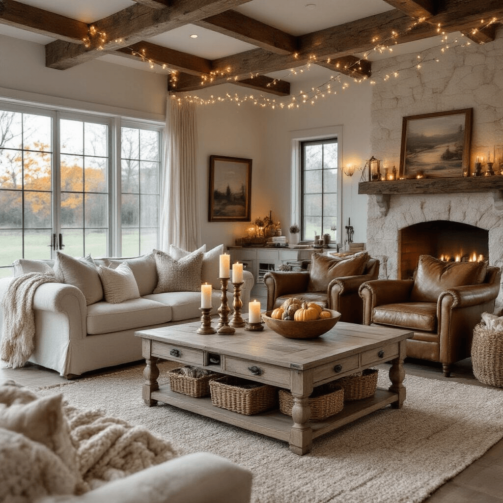 Why Your Rustic Coffee Table Choice Could Make or Break Your Living Room A cozy modern farmhouse living space with a distressed pine lift-top storage coffee table, cream linen sofas, vintage leather accent chairs, and a stone fireplace, illuminated by fairy lights along wooden beams, featuring vintage brass candlesticks, a wooden bowl of gourds, and handwoven baskets in a warm color palette of whites, natural wood, and forest green.