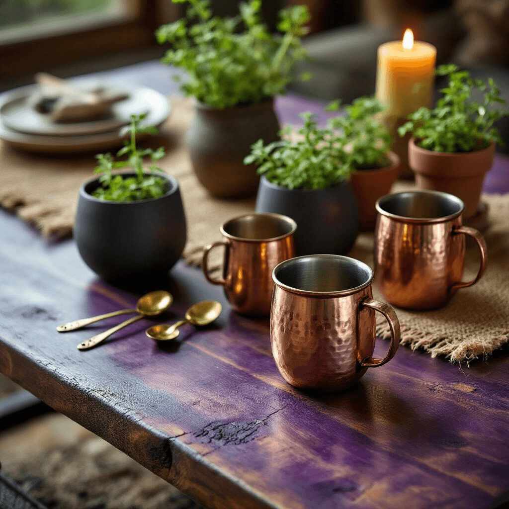 Why Your Rustic Coffee Table Choice Could Make or Break Your Living Room Close-up of a walnut coffee table with purple undertones, featuring hand-hewn edges and natural mineral streaks, styled for an intimate gathering with artisanal decor, including handcrafted stoneware, copper mugs, potted herbs, vintage brass measuring spoons, and beeswax candles, all atop a jute table runner.