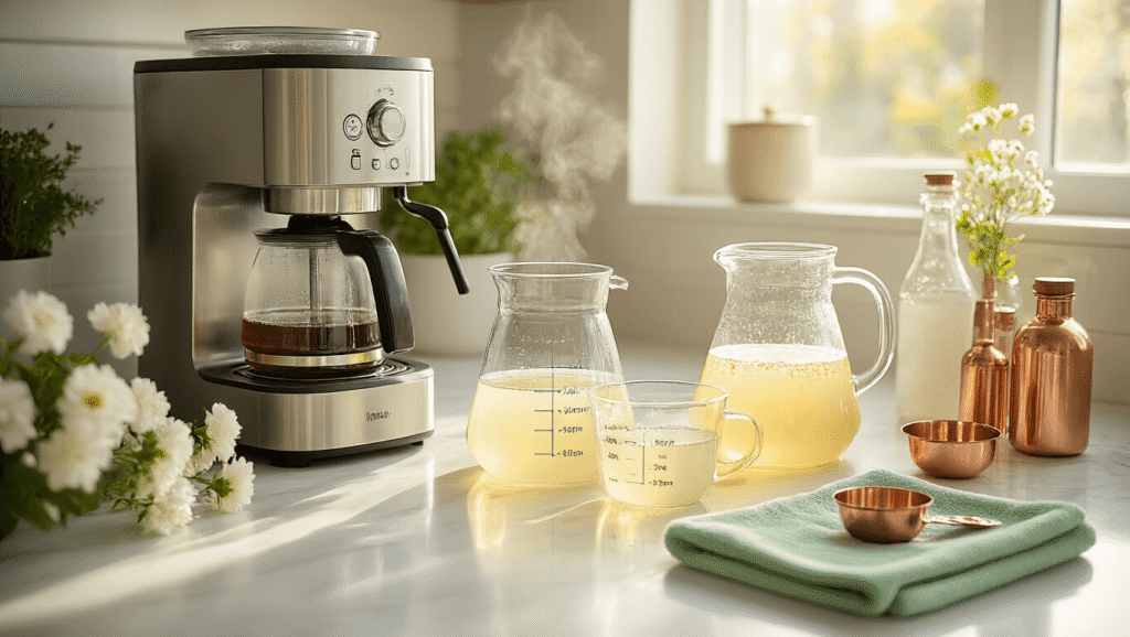 How to Deep Clean Your Coffee Maker with Vinegar: My Battle Against Coffee Grime Cinematic overhead shot of a bright kitchen counter with a dismantled coffee maker, glass carafes of bubbling vinegar, sage green cleaning cloths, vintage labeled bottles, and warm morning light casting shadows on marble surfaces.