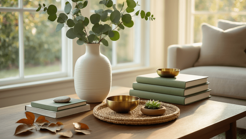Transform Your Space with the Perfect Coffee Table: A Complete Top-View Guide to Styling Excellence Cinematic top-view of a walnut coffee table styled with eucalyptus in a white vase, stacked sage green and cream books, a brass bowl with stone coasters, and a woven jute tray with a succulent, all set in warm golden hour light.