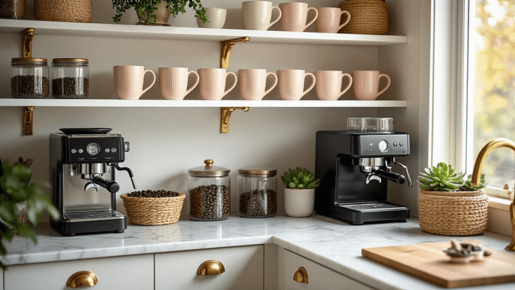 Transform Your Kitchen Corner Into a Coffee Lover's Paradise Elegant kitchen corner coffee station with marble countertop, black espresso machine, and tiered white floating shelves displaying blush pink and cream ceramic mugs, accented by brass hardware, glass storage containers of coffee beans, small succulents, woven basket, and warm wood cutting board, illuminated by soft morning light and string lights for ambiance.