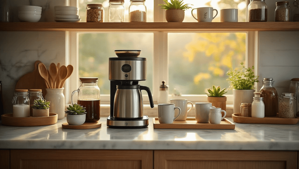 Transform Your Morning Routine: Creating the Perfect Tea and Coffee Station That Actually Works Elegant kitchen tea and coffee station on a marble countertop, featuring stainless steel coffee maker, glass canisters, ceramic mugs, bamboo accessories, vintage spoons, and fresh herbs, all illuminated by soft golden morning light, creating a warm and inviting atmosphere.