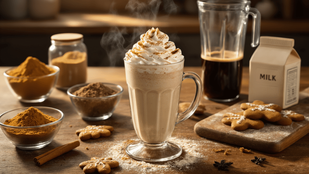 Frosted Gingerbread Frappe Cinematic overhead shot of a rustic kitchen counter with a creamy gingerbread frappe topped with whipped cream and cinnamon, surrounded by spices, a blender, a mason jar of cold brew, and gingerbread crumbs, evoking a cozy Christmas morning atmosphere.