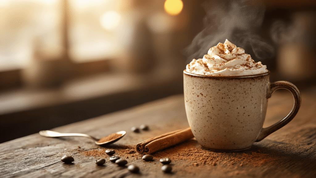 Holiday Spiced Mocha: Your New Cold-Weather Obsession A steaming holiday spiced mocha in a weathered ceramic mug, adorned with whipped cream, cinnamon, and a wooden cinnamon stick, set against a rustic wooden table with scattered coffee beans and cocoa powder, bathed in warm golden amber lighting and soft morning light.