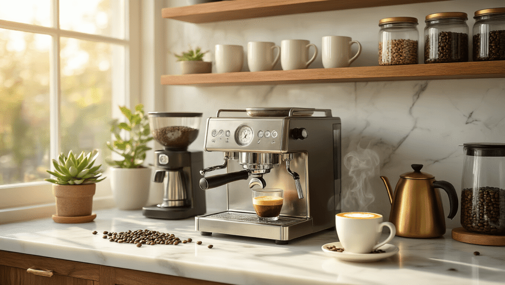 Creating the Perfect Home Coffee Bar: Your Daily Dose of Café Magic Without Leaving the House Photorealistic image of a home coffee bar on a marble countertop, showcasing an espresso machine, grinder, and kettle in morning sunlight, with ceramic mugs, glass canisters of coffee beans, a steaming espresso cup, and a potted succulent in a warm, inviting atmosphere.