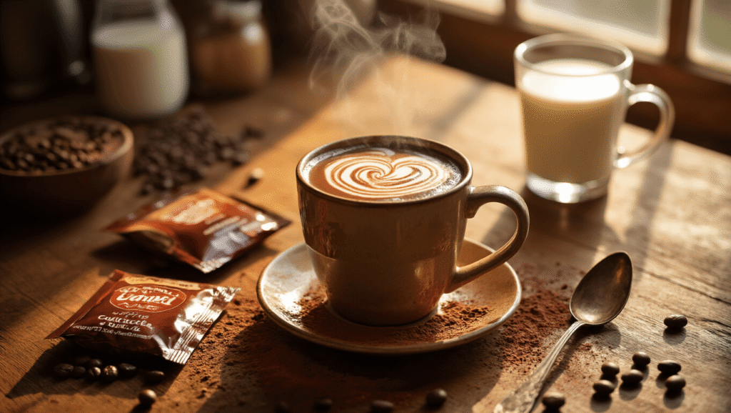 Hot Cocoa Coffee Blend: Your 5-Minute Morning Game-Changer Cinematic overhead view of a rustic kitchen counter with a steaming mug of hot cocoa coffee blend, scattered cocoa powder, coffee beans, and a glass of milk, illuminated by warm golden morning light.