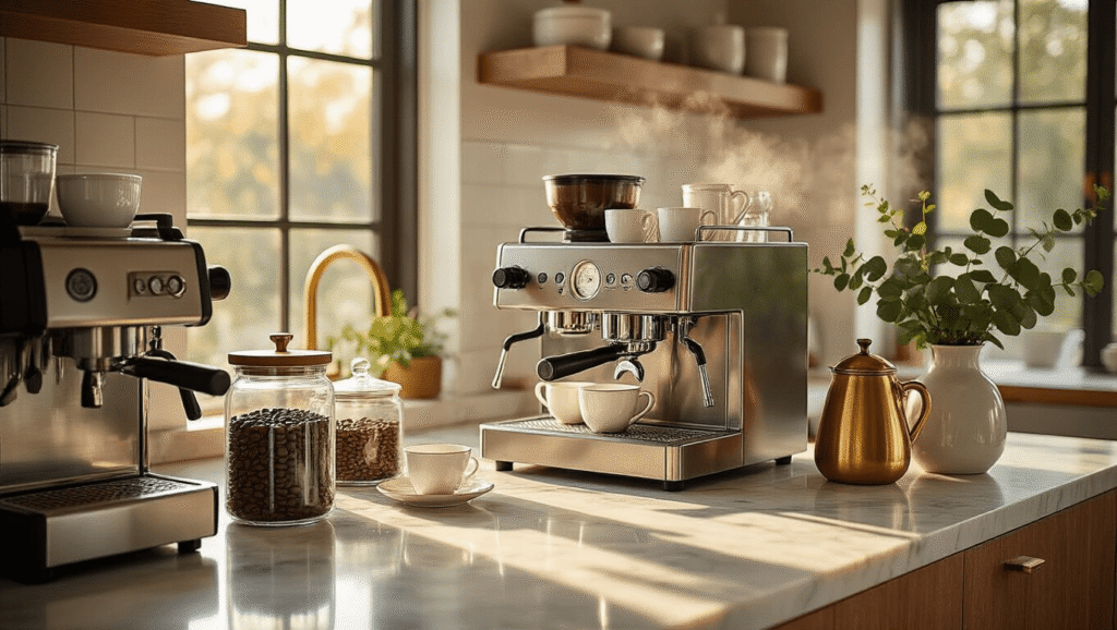 How I Transformed My Kitchen Into the Perfect Coffee and Tea Bar (And Why You'll Want to Copy Every Detail) Wide-angle shot of a luxurious kitchen coffee and tea bar featuring marble countertops, an espresso machine, glass canisters of coffee beans, porcelain teacups, and warm golden hour sunlight illuminating the space.