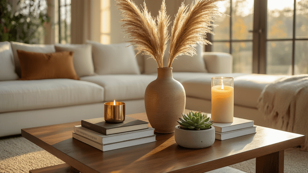 Transform Your Rectangle Coffee Table from Boring to Breathtaking: The Art of Styling Magic Overhead flat lay of an elegantly styled mahogany coffee table featuring a tall ceramic vase with pampas grass, stacked coffee table books topped with a brass sculpture, a flickering pillar candle in a glass holder, and a succulent in a concrete planter, all illuminated by warm golden hour sunlight, with rich textures and a luxurious living room backdrop.