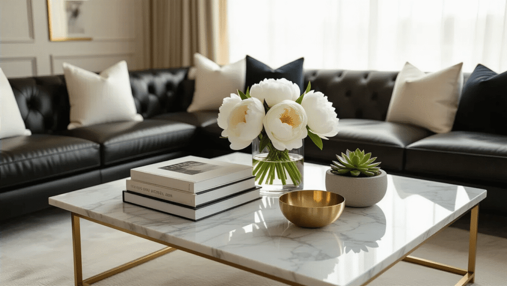 Why Marble Coffee Tables Are Living Room Game-Changers Elegant marble coffee table centerpiece in a stylish living room, adorned with coffee table books, white peonies, a brass bowl, and a succulent, with golden hour sunlight accentuating the marble veining and brass legs, set against a rich black leather sectional.