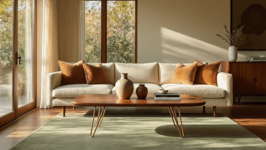What Makes Mid-Century Coffee Tables So Special? Cinematic wide-angle shot of a walnut mid-century coffee table during golden hour, surrounded by a cream velvet sofa on a sage green wool rug, with ceramic vases, marble bowls, and art books, featuring warm honey-toned wood grain textures and soft sunlight creating dramatic shadows in a cozy Scandinavian-inspired living room.