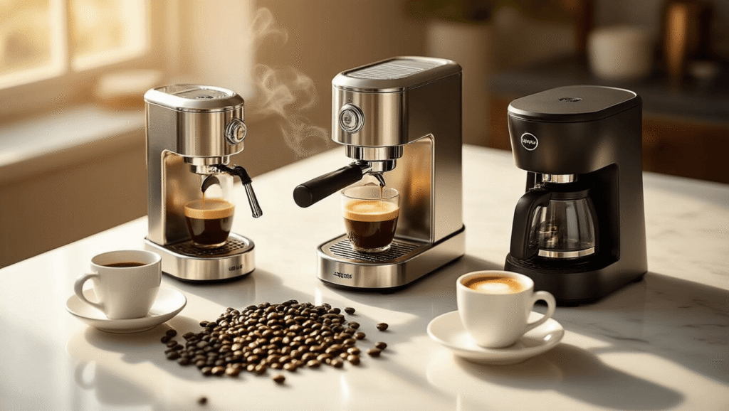 The Tiny Coffee Revolution: My Guide to Mini Coffee Makers That Pack a Punch Cinematic overhead shot of elegant mini coffee makers on a white marble countertop, featuring a compact espresso machine, manual press, and drip coffee maker, with warm morning light, dark roasted coffee beans, and steaming crema-topped espresso in white ceramic cups, showcasing various textures and a cozy atmosphere.