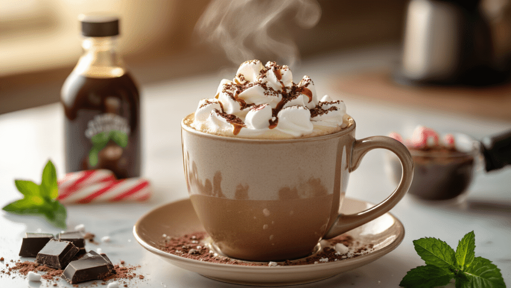 Mocha Mint Coffee: The Peppermint Mocha That Actually Tastes Like the Café Version Cinematic close-up of a gleaming ceramic mug filled with mocha mint coffee topped with toasted marshmallows and whipped cream, surrounded by dark chocolate chunks, peppermint syrup, and crushed candy cane, with steam rising against a softly lit marble countertop.