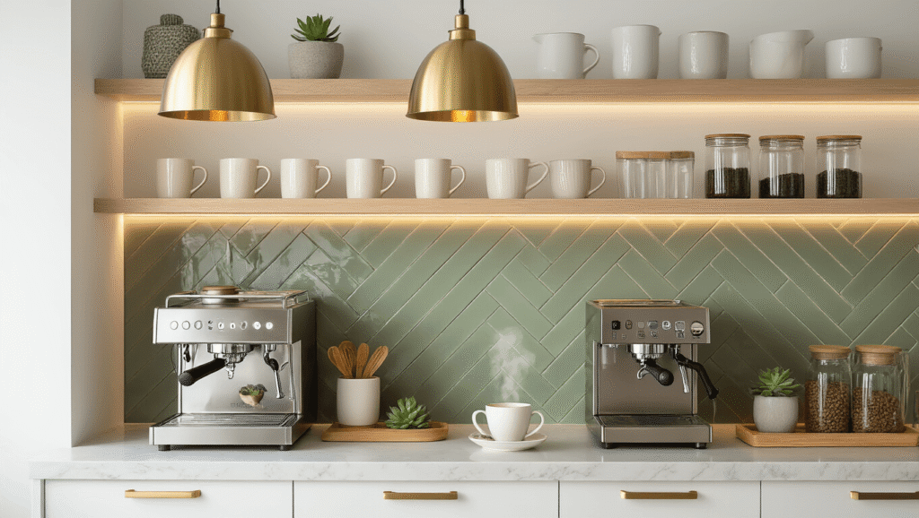Transform Your Kitchen with a Modern Coffee Corner That Actually Works Cinematic wide-angle shot of a modern minimalist coffee corner featuring white oak floating shelves with ceramic mugs, an espresso machine, a sage green herringbone backsplash, quartz countertops, warm brass pendant lights, and a small succulent, creating an inviting atmosphere.