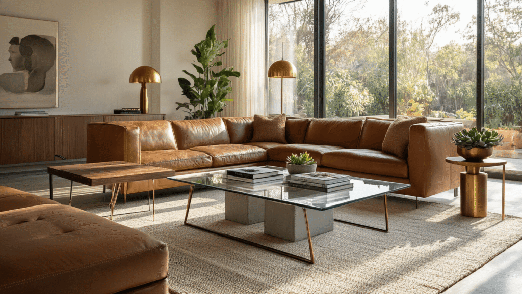 Modern Coffee Table Designs That Will Transform Your Living Space Cinematic wide-angle view of a modern living room with various coffee tables, including a walnut wood table with brass legs and a glass table with a steel base, illuminated by warm golden hour sunlight, featuring a leather sectional sofa, woven rug, succulent plants, and stylish decor.