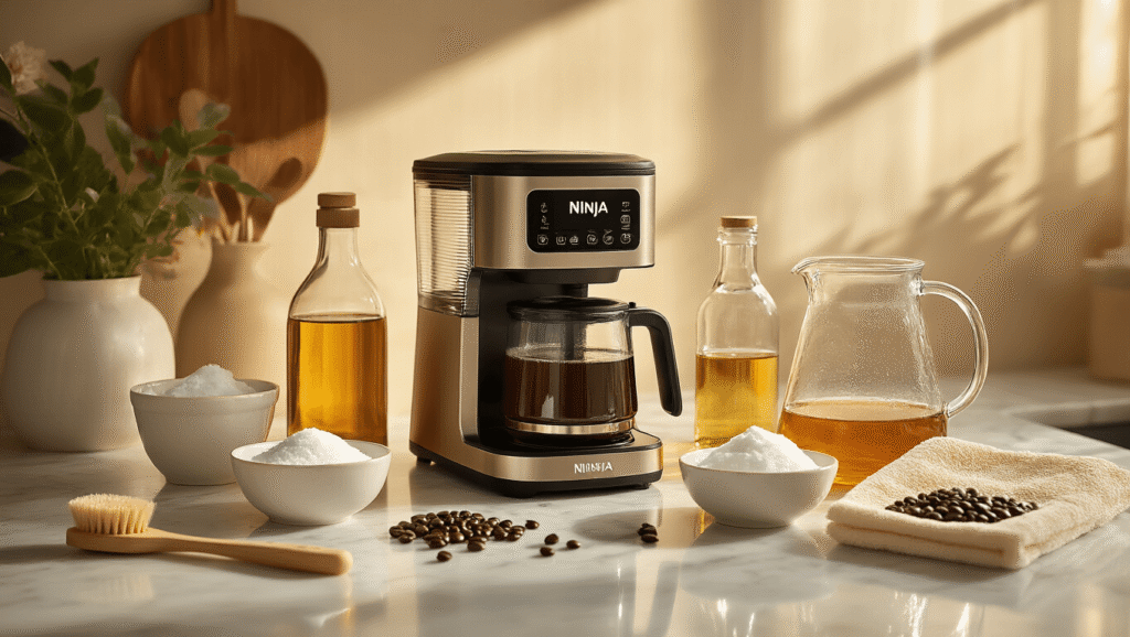 How I Learned to Keep My Ninja Coffee Maker Running Like New (And You Can Too) Cinematic overhead view of a marble countertop with a Ninja coffee maker, vinegar bottles, baking soda paste in ceramic bowls, brushes, microfiber cloths, and a steaming carafe, all illuminated by warm morning light, accented with coffee beans and a filtered water pitcher.