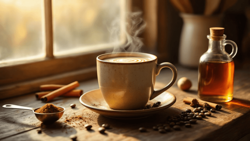 Nutmeg Vanilla Coffee: The Cozy Spiced Brew That'll Transform Your Morning A steaming ceramic mug of nutmeg vanilla coffee sits on a rustic wooden counter, surrounded by cinnamon sticks, whole nutmeg seeds, and a vintage measuring spoon of freshly ground nutmeg, illuminated by golden morning light.