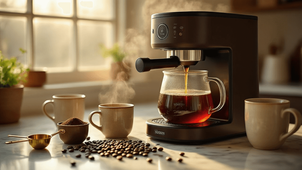 The Best Drip Coffee Makers: My Journey to Finding the Perfect Morning Cup A close-up of a premium drip coffee maker brewing coffee on a marble countertop, with steam rising from the carafe, scattered coffee beans, measuring cups, and mugs, bathed in warm morning light.
