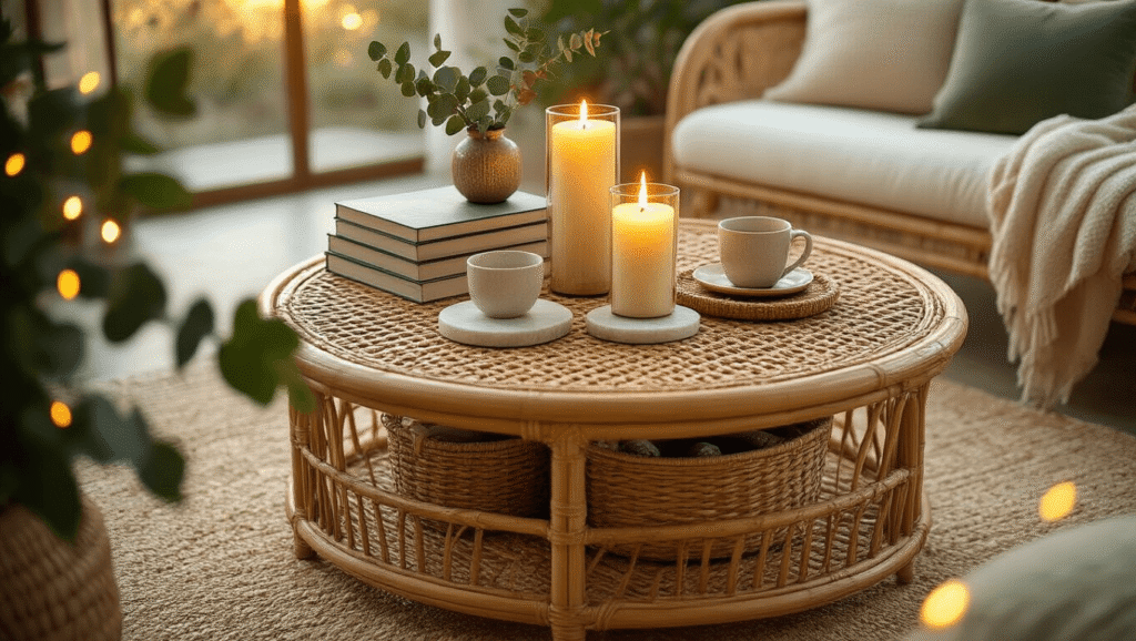 The Rattan Coffee Table Revolution: Why I Ditched My Glass Top for Woven Paradise Cinematic overhead view of a round rattan coffee table set with candles, books, and coasters, illuminated by warm golden hour light, surrounded by plush cushions and soft fairy lights, creating a cozy and inviting atmosphere.