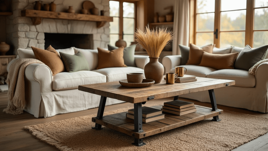 Why Your Rustic Coffee Table Choice Could Make or Break Your Living Room A rustic oak coffee table with reclaimed wood and wrought iron legs in a cozy farmhouse living room, styled with chunky knit throws, ceramic vessels, vintage books, and brass candlesticks, all bathed in warm golden hour light.