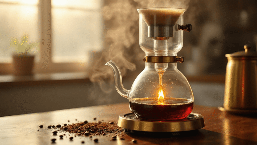 Siphon Coffee Makers Cinematic close-up of a glass siphon coffee maker brewing coffee, with bubbling water and steam in golden morning light on a mahogany surface, featuring coffee grounds and a glowing brass burner, all set against a clean white background.