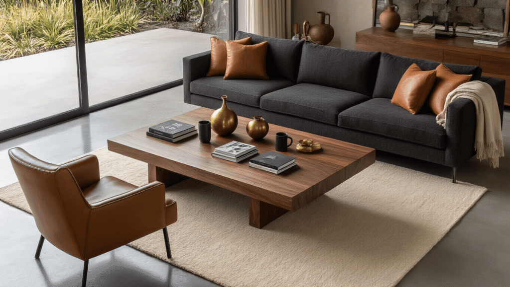 Why I'm Obsessed with Solid Wood Coffee Tables (And You Should Be Too) Cinematic shot of a luxurious walnut coffee table in a contemporary living room, featuring dark wood grain textures, surrounded by a charcoal sofa and cognac leather chairs on a cream rug, with polished concrete floors and ambient lighting, styled with decor items creating a cozy, intimate atmosphere.