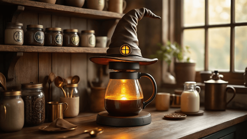 Transform Your Kitchen Into Hogwarts: The Magic Behind Sorting Hat Coffee Makers and Harry Potter Kitchen Decor Cinematic close-up of a rustic kitchen coffee station featuring a Sorting Hat coffee maker, warm LED lights, distressed wooden shelves with house-themed accessories, and morning light illuminating rich textures and colors.