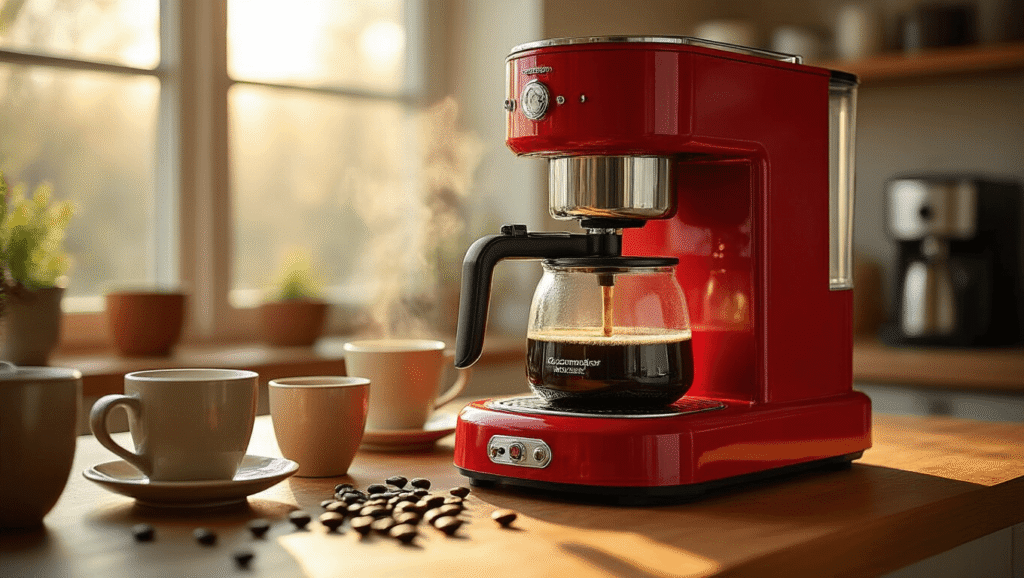 The Ultimate Guide to Top-Rated Coffee Makers That Actually Deliver Perfect Coffee in 2026 Cinematic close-up of a vibrant red Technivorm Moccamaster coffee maker on a warm oak countertop, with steam rising from the glass carafe and golden morning light illuminating scattered coffee beans and ceramic cups, showcasing rich textures and a cozy kitchen atmosphere.