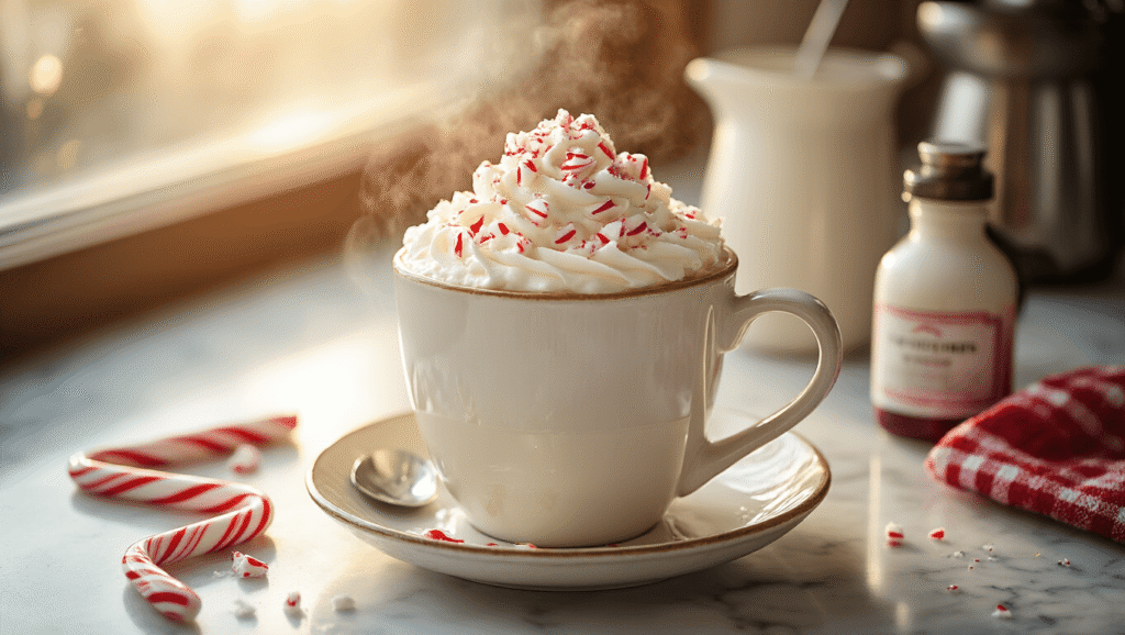 White Chocolate Peppermint Latte Elegant white chocolate peppermint latte in a warmed ceramic mug on a marble counter, topped with whipped cream, crushed candy canes, and white chocolate shavings, with golden morning light and a cozy kitchen atmosphere.