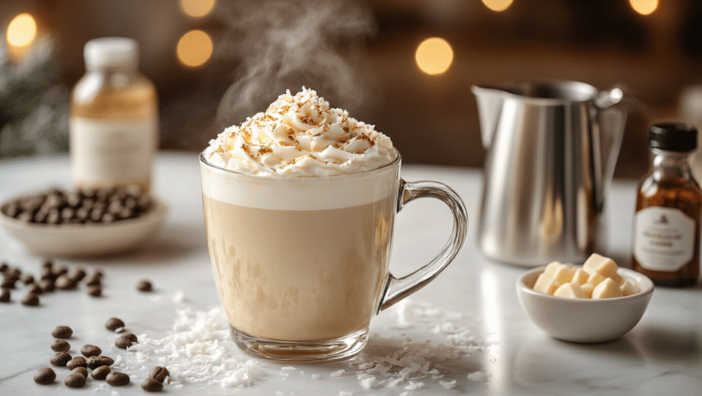 Winter Wonderland Latte: The Ultimate White Chocolate Peppermint Coffee Recipe Cinematic overhead shot of a glass mug with creamy white chocolate peppermint latte, topped with microfoam and coconut flakes, surrounded by espresso beans, white chocolate chips, and a peppermint extract bottle on a white marble surface, with warm honey-colored lighting and a cozy café atmosphere.