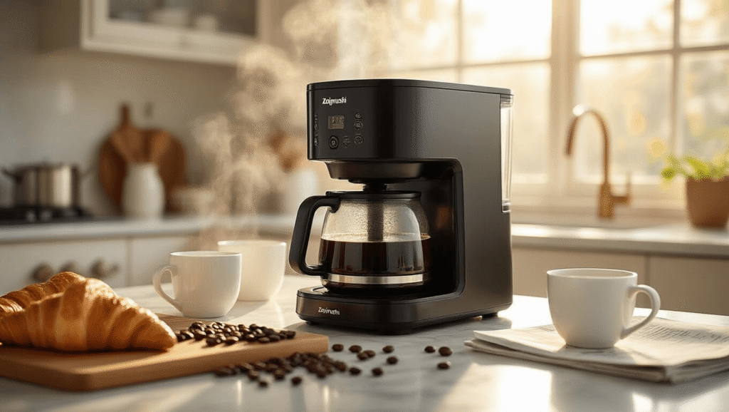 Why I Ditched My Old Coffee Maker for a Zojirushi (And You Should Too) Cinematic wide-angle view of a sunlit modern kitchen showcasing a sleek black Zojirushi coffee maker on a marble countertop, with steam wafting from a thermal carafe, surrounded by scattered coffee beans, white ceramic cups on a wooden cutting board, golden morning light illuminating the scene, creating a cozy breakfast atmosphere with fresh croissants and a morning newspaper.